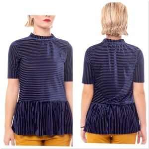 Numph Anthropologie Navy Blue High Neck Velour Striped Texture Babydoll Top